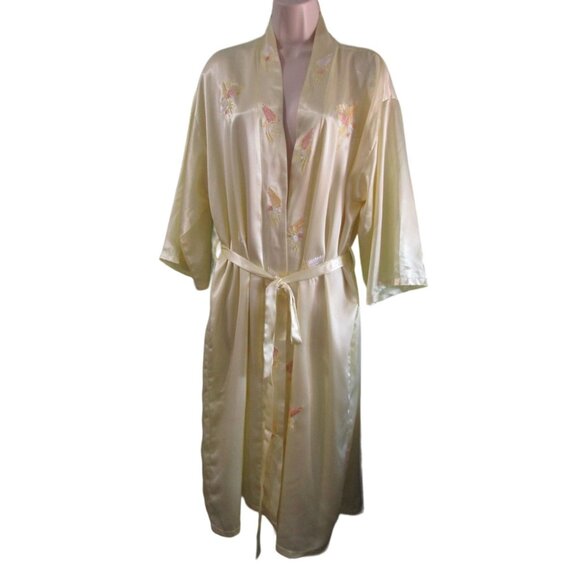 Vintage Embroidered Satin Kimono Robe With Floral Patterns & Belt - Picture 2 of 16